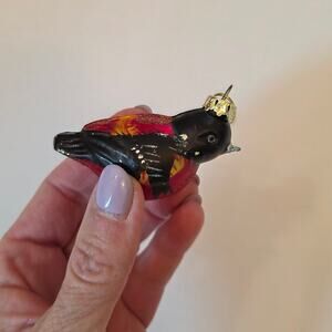 Glass Blown Bird Holiday Christmas Winter Ornament Glitter-Dusted Red Black READ